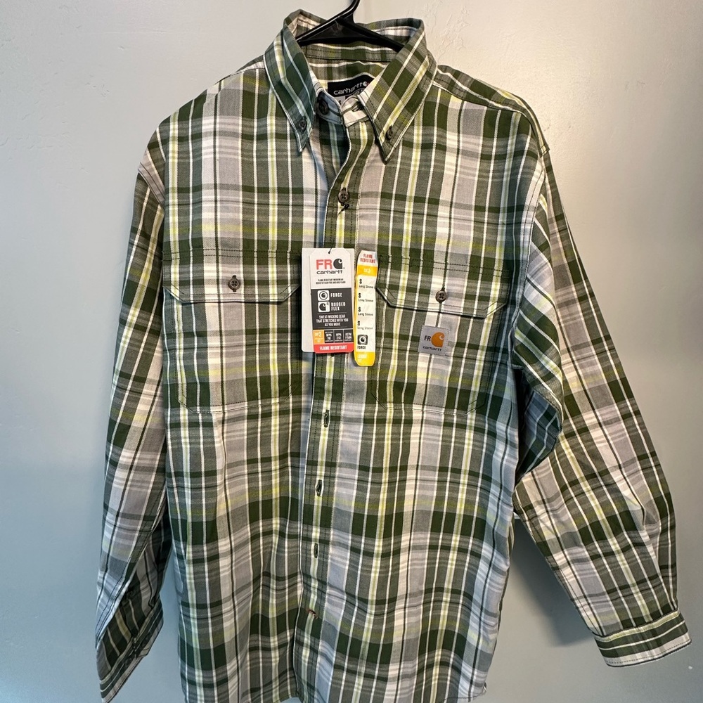 Carhartt Men's Flame Resistant - Olive and White Plaid Shirt